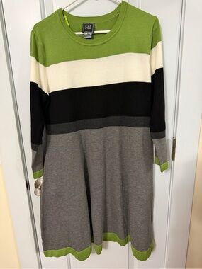 Dkny Green White Black & Gray Striped Long-Sleeve A-Line Knit Dress